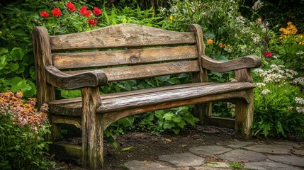 Rustic Wooden Garden Bench Surrounded by Vibrant Flowers and Lush Greenery, Ideal for Outdoor Relaxation and Tranquil Moments in Nature