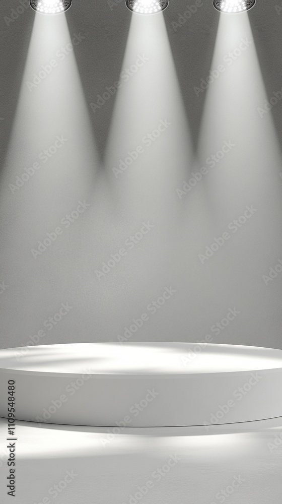 Poster empty white circular podium illuminated by three bright spotlights from above creating dramatic ligh
