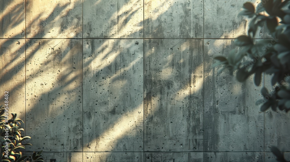 Poster a textured concrete wall with shadows and foliage creating an artistic effect.