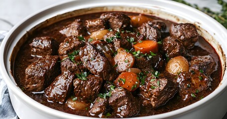 A dish of beef bourguignon with tender beef and rich red wine sauce.
