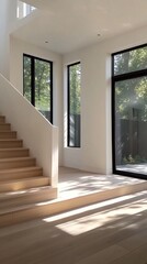 Fototapeta premium Modern minimalist interior with natural light streaming through floor-to-ceiling windows, illuminating wooden staircase and creating dramatic shadows on light flooring and white walls.