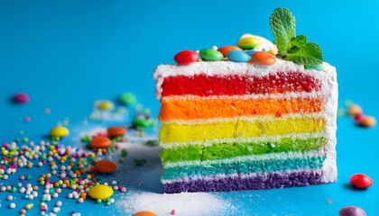 regenbogen, kuchen, stück, karneval, köln, essen, süss, bunt, bunter, rosenmontag, weiberfastnacht, fasching, modern, neu, torte, dessert, creme, backwaren, köstlich, türkis, hintergrund, auf, studio,