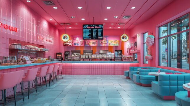 Retro pink cafe interior with bar, seating, and menu board.