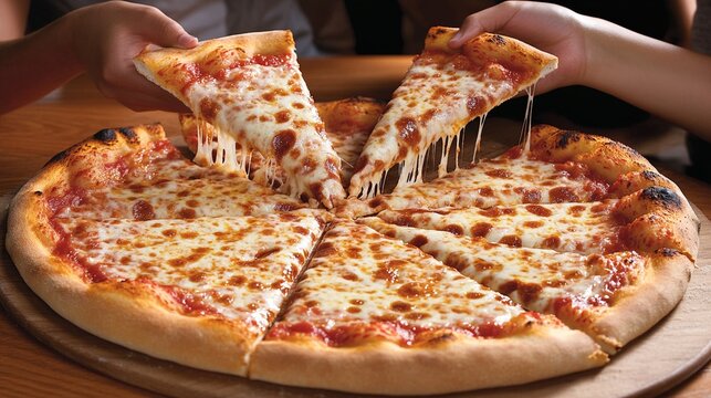 Hot and stretchy cheese pizza slice being pulled with perfect cheese pull effect, showcasing melted mozzarella strings on traditional New York style pizza with tomato sauce and crispy crust.