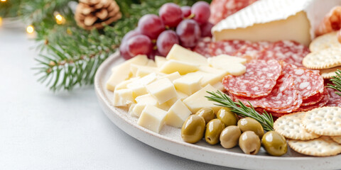 Christmas or New Year holiday charcuterie platter with cheeses, salami, grapes, olives on board, festive background, copy space