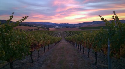 Fototapeta premium Vibrant vineyard at sunset, lush rows of grapevines stretch across rolling hills, the sky painted in warm hues, creating a tranquil and picturesque landscape.