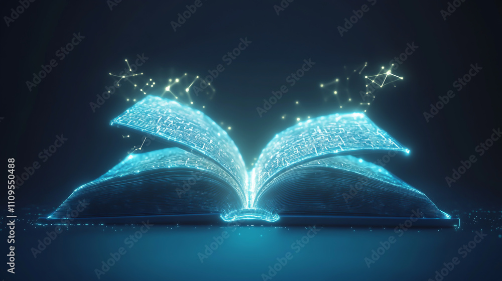 Aufkleber an open book with glowing digital elements and a futuristic design