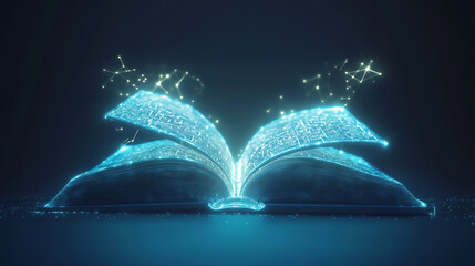 An open book with glowing digital elements and a futuristic design