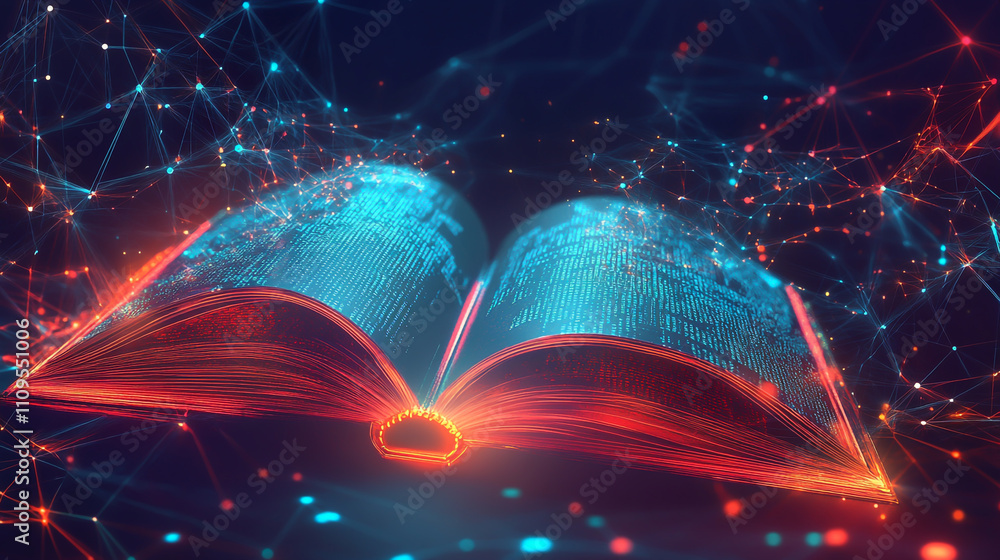 Aufkleber an open book with glowing digital elements and a futuristic design