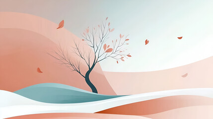 Obraz premium Minimalistic landscape with a lonely tree in autumn colors for artistic design and decor.