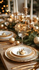 Fototapeta premium Elegant holiday dining table decorated with gold accents and festive ornaments.
