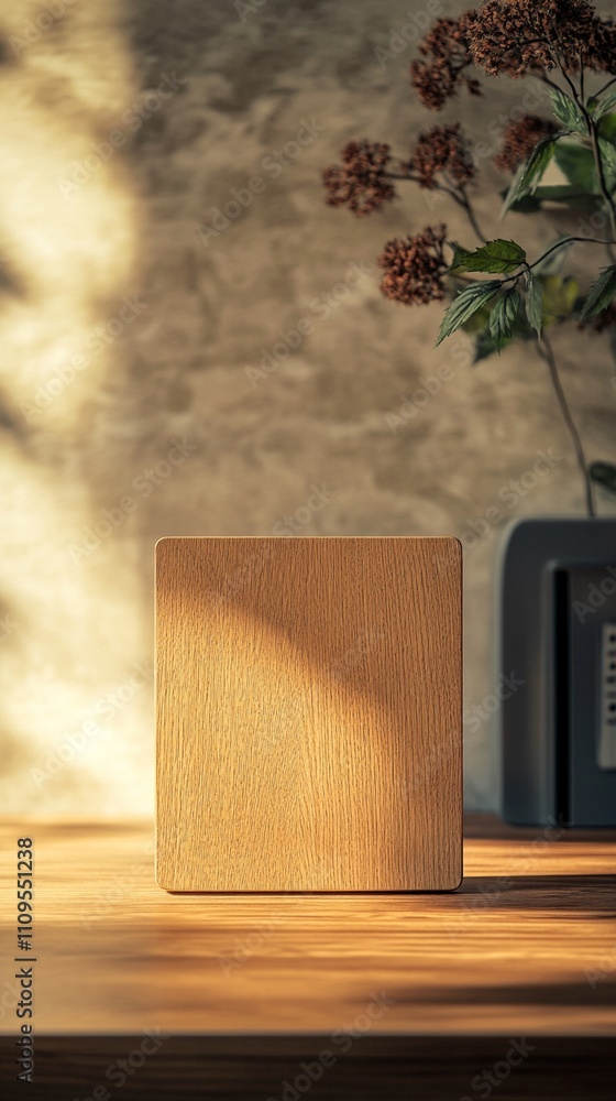 Poster minimalist wooden cube on rustic table catching golden sunlight through window, creating dramatic sh