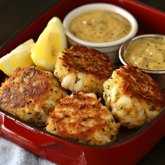 A dish of crab cakes served with lemon wedges and remoulade sauce.