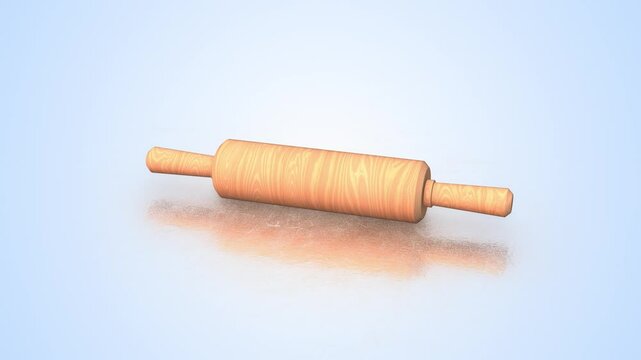 Wooden Textured Rolling Pin on a Reflective Floor. Kitchen Utensils 3D. 4K 