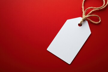 Blank white gift tag with jute twine on red background.