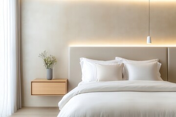 Modern Minimalist Bedroom Design with Neutral Tones and Soft Lighting, Featuring Cozy Bed, Decorative Vase, and Wooden Nightstand