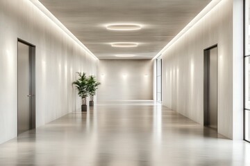 Modern and Minimalist Corridor with Soft Lighting, Potted Plants, and Sleek Doors in Contemporary Architectural Design for Office Spaces