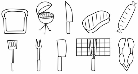 Barbecue vector line icon. A collection of graphic elements perfect for menu designs, barbecue posters or cooking apps. Includes images of bread, grill, knife, sausage, spatula, meat fork, large knife
