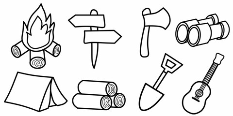 Camping simple outline icon set includes campfire, guide, axe, trowel, tent, wood, shovel and guitar