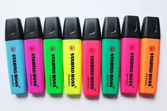 Itterbeck, Germany - Oct 12 2024 Stabilo boss highlighters in 8 different colors. Isolated on white background, top view