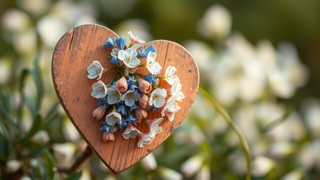 A wooden heart shaped sign, with beautiful white and blue flowers, nestled amongst a background of soft, out-of-focus white flowers.