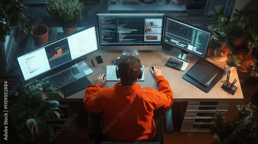 Aufkleber focused individual works on multiple computer screens in modern workspace