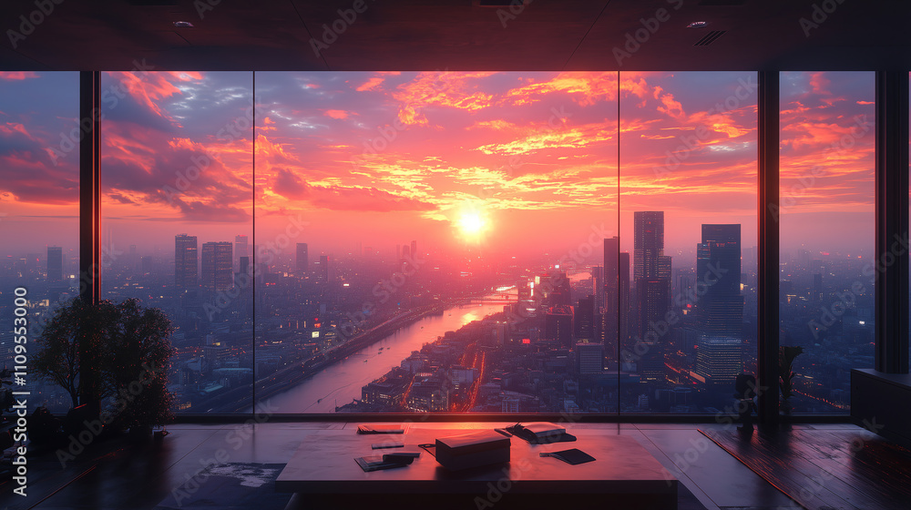 Poster sunset view from a high-rise window overlooking a city skyline and river during evening hours in urb