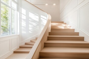 Obraz premium Elegant and Modern Interior Design of a Bright Staircase with Wooden Steps and Natural Light Streaming Through Large Windows