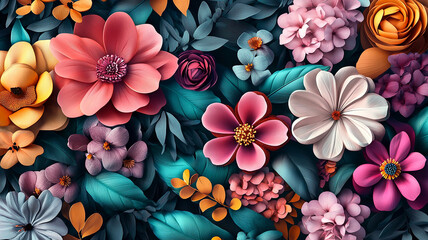 seamless colorful and beautiful paper cut shape flower patterns, Abstract luxury seamless 3D Leaves on a Stunning Floral Canvas, abstract beautiful and lovely vibrant and colorful floral arrangement. 