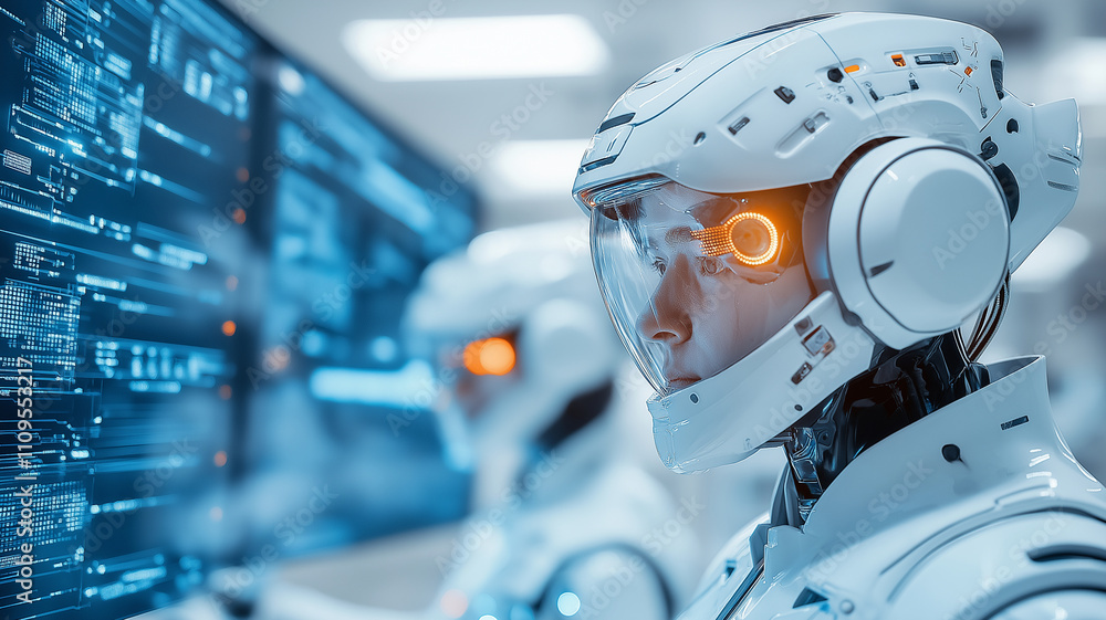 Poster futuristic robot with advanced technology in high tech environment