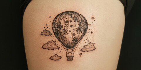 Artistic black and white hot air balloon tattoo adorned with stars and clouds on a person\'s thigh in a cozy indoor setting