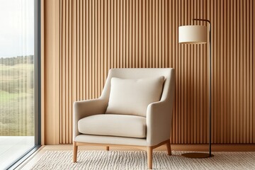 Modern Scandinavian chair in cozy interior with wooden accent wall and soft natural light illuminating the serene living space