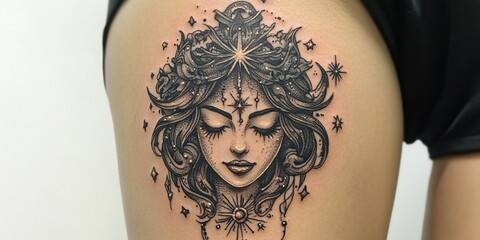 Intricate celestial tattoo design showcasing a serene female figure adorned with cosmic elements