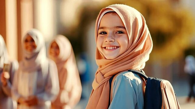 Young girl wearing a hijab smiles warmly while wearing a backpack.