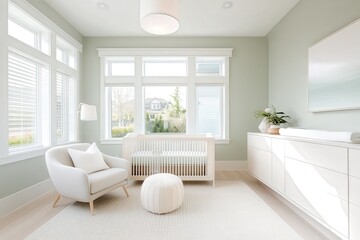 Cozy and Modern Nursery Design with Natural Light, Soft Colors, and Minimalist Furniture in a Stylish Home Environment