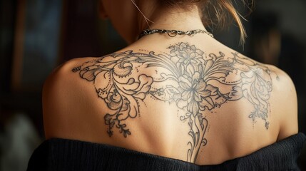 Elegant art nouveau tattoo design, showcasing intricate patterns and graceful lines, embodying sophistication and artistic flair in body art.