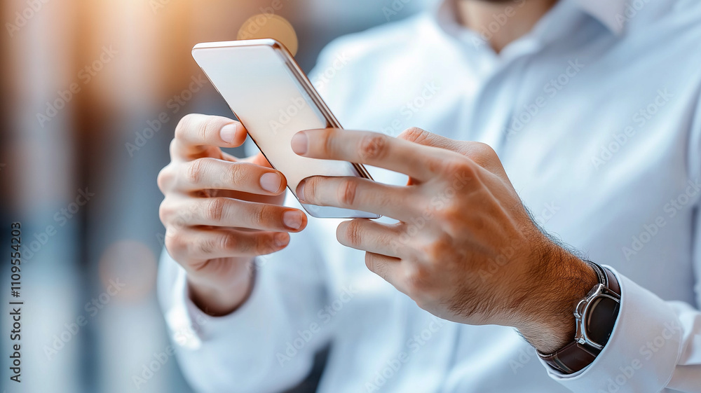Aufkleber man using smartphone with focused expression in modern setting