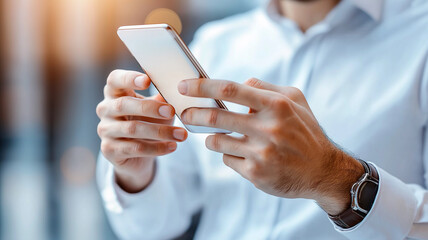 man using smartphone with focused expression in modern setting
