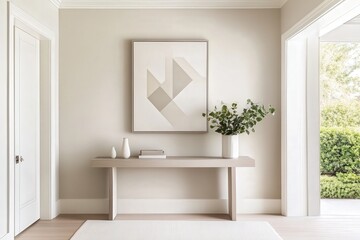 Contemporary minimalist interior design with elegant console table, abstract art, fresh greenery, and soft neutral color palette in modern living space