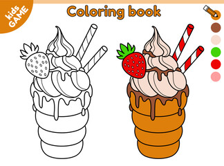 Kids coloring book. Trdelnik or trdlo is traditional Czech street food. Color the contour Christmas baking. Outline cinnamon roll with cream and chocolate glaze. Activities page for children. Vector.
