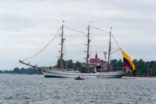 BAE Guayas BE-21 sail training ship of the Ecuadorian Navy leaving the port on July 7, 2024 in Helsinki, Finland.