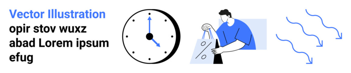 Vector design showing a person holding shopping bags, a clock, and directional arrows. Ideal for eCommerce, marketing, discounts, sales, shopping time management visual marketing materials. Landing