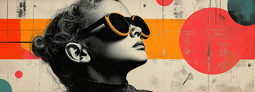 Profil eines M&auml;dchens mit Sonnenbrille vor abstrakten geometrischen Formen und Mustern in orange und rot. Dada Collage: "Abstrakte Gedanken: Ein Blick in die Zukunft". Illustration / Banner