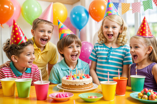 Kids birthday party. A boy blowing out candles on a cake surrounded by friends. Happy children at a birthday party. - Powered by Adobe