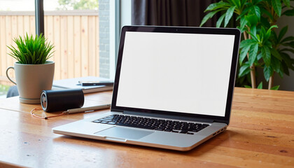 Fototapeta premium Laptop with blank screen on wooden desk near window