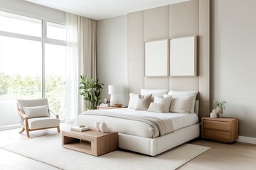 Modern minimalist bedroom interior design featuring neutral colors, natural light, and elegant furnishings for a serene and stylish atmosphere