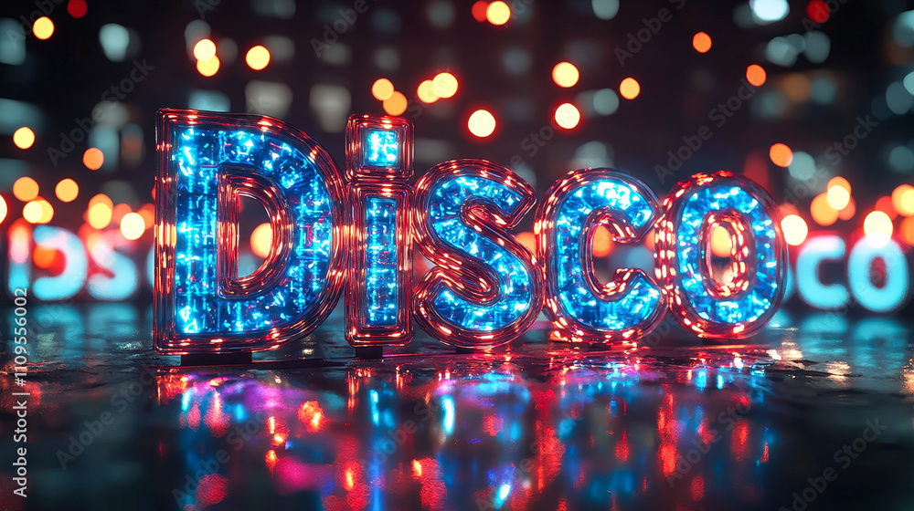 Poster bright lights spell out disco in a festive atmosphere with colorful reflections on the ground, creat