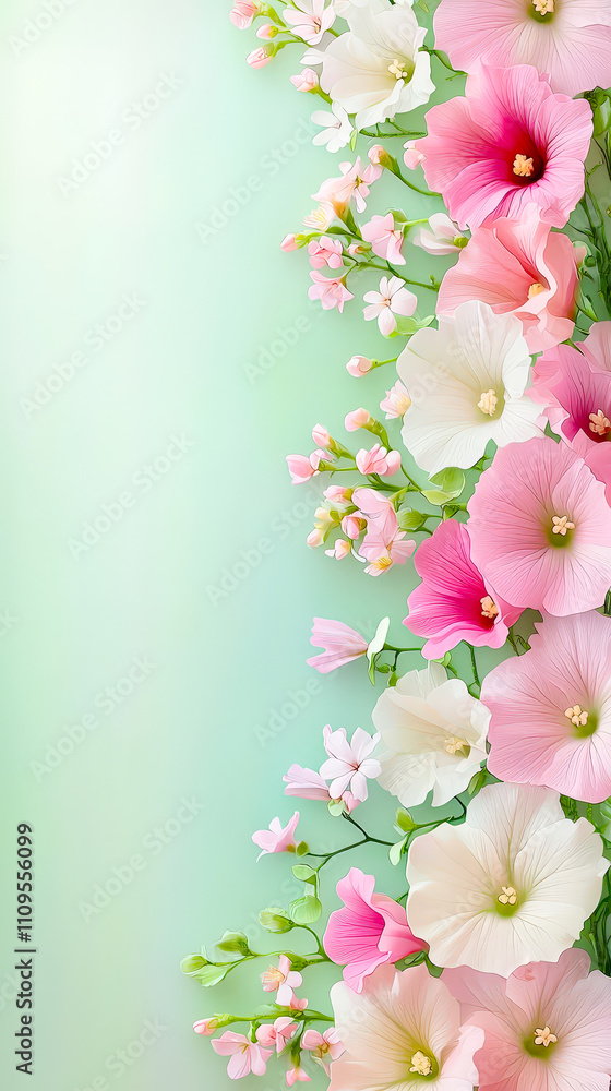 Poster A stunning collection of colorful flowers fills one side of a soft green background, creating a serene and inviting atmosphere