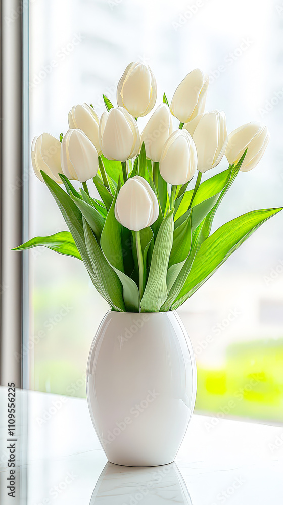 Aufkleber a bouquet of white tulips arranged in a sleek vase enhances a bright indoor setting, creating an inv