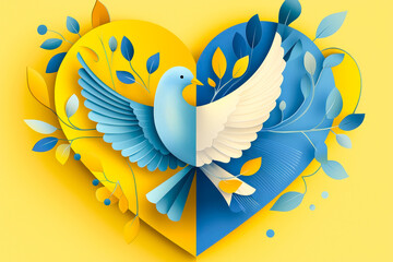 Fototapeta premium Colorful paper art showcases a blue and white dove at the center of a heart, surrounded by vibrant leaves on a bright yellow backdrop